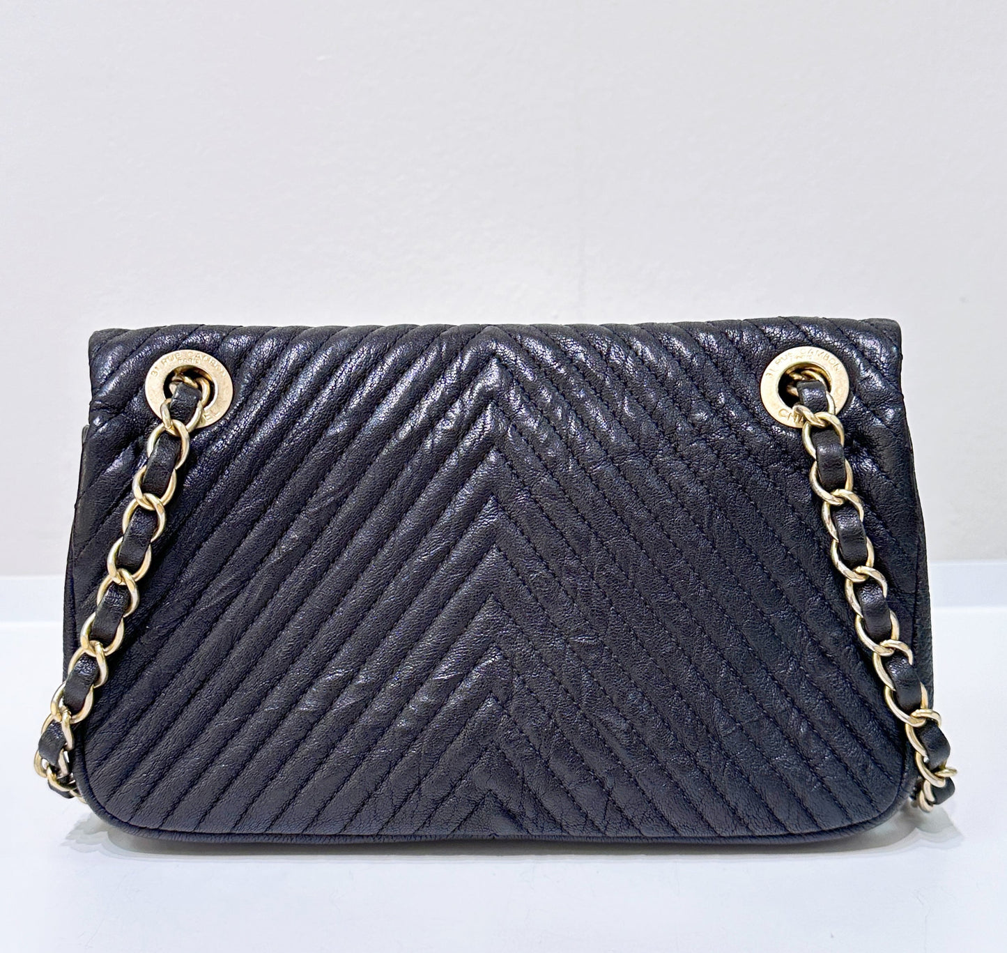 Chanel Black Chevron Leather Small Classic Flap Bag