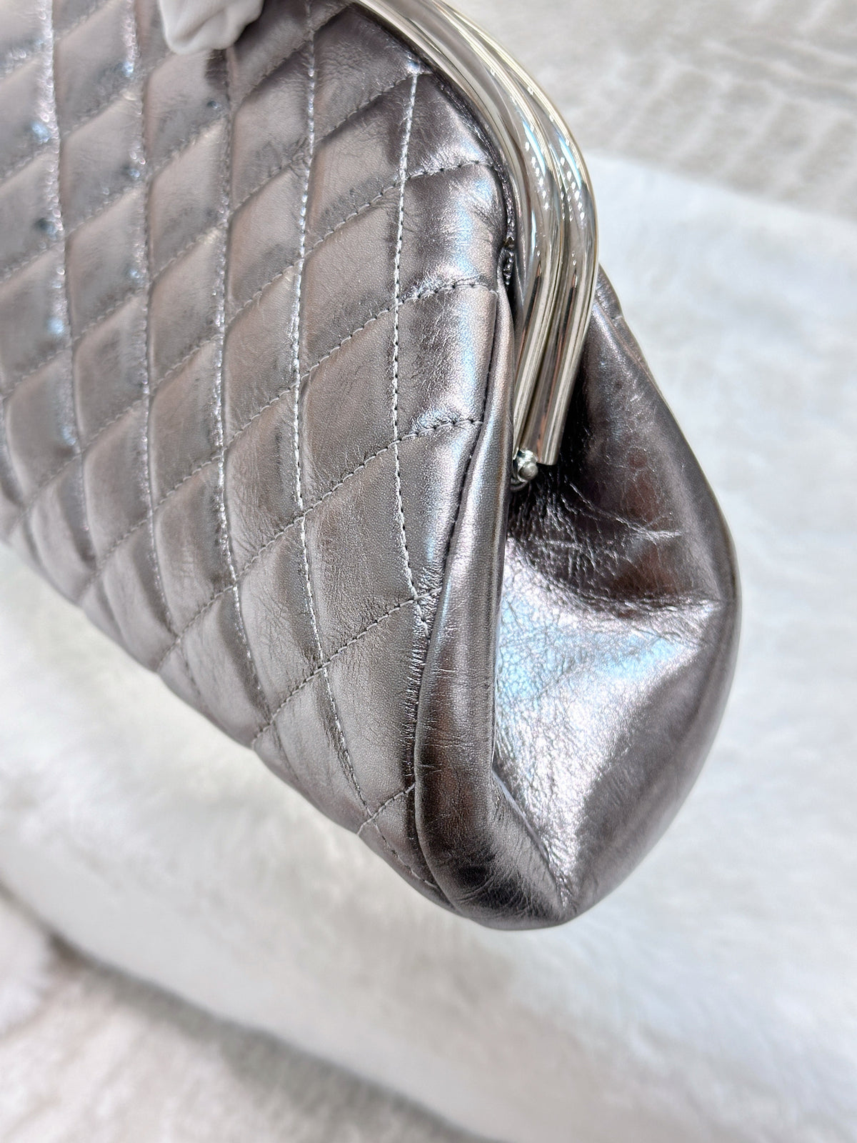 CHANEL Metallic Aged Calfskin Quilted Timeless Clutch Silver