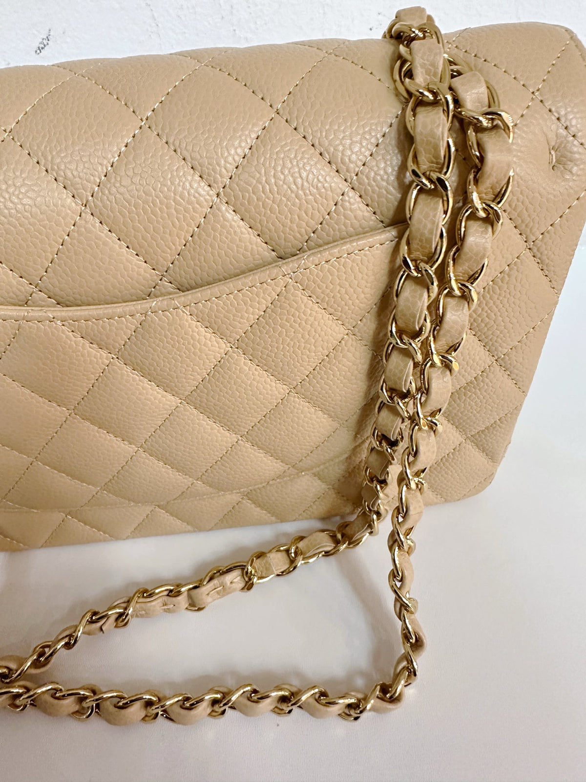 Chanel Medium Beige Classic Caviar Double Flap Bag GHW Microchip Singapore local Receipt
