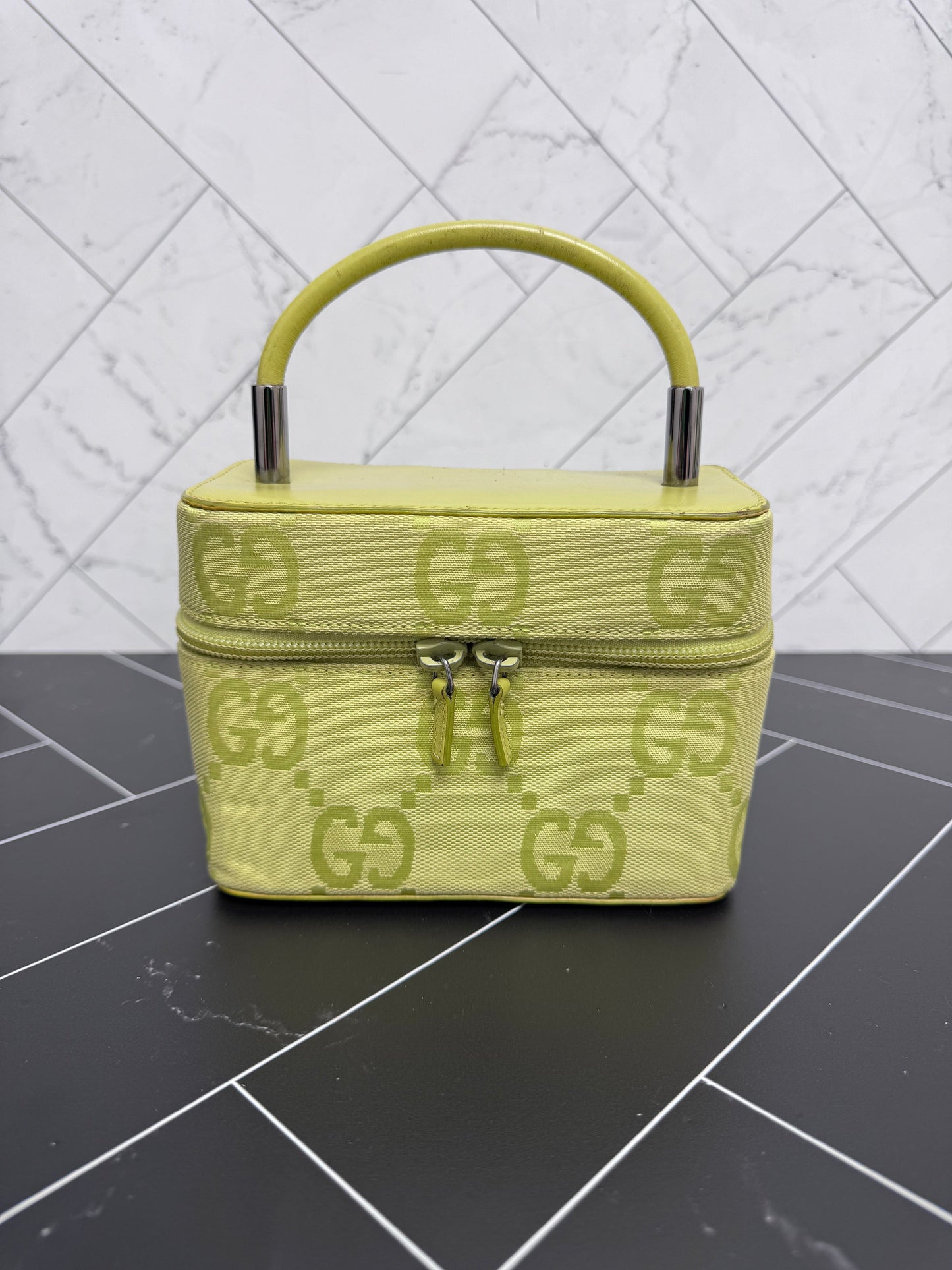 Gucci Green Canvas Top Handle Vanity Bag
