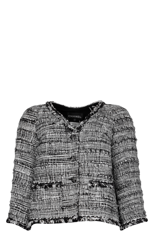 CHANEL 2011 Feather Trim Boucle Jacket Black White