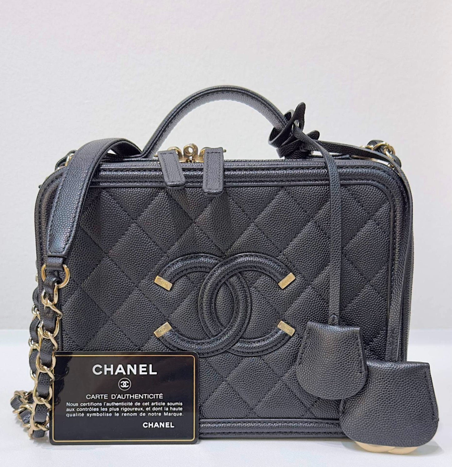 Chanel Medium Filigree Vanity Case Quilted Caviar Black GHW