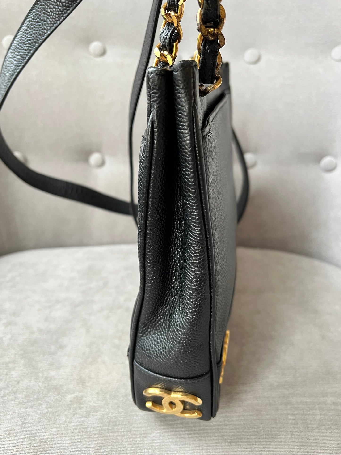 Chanel Vintage Black Caviar Chain Tote with 24k Gold Hardware