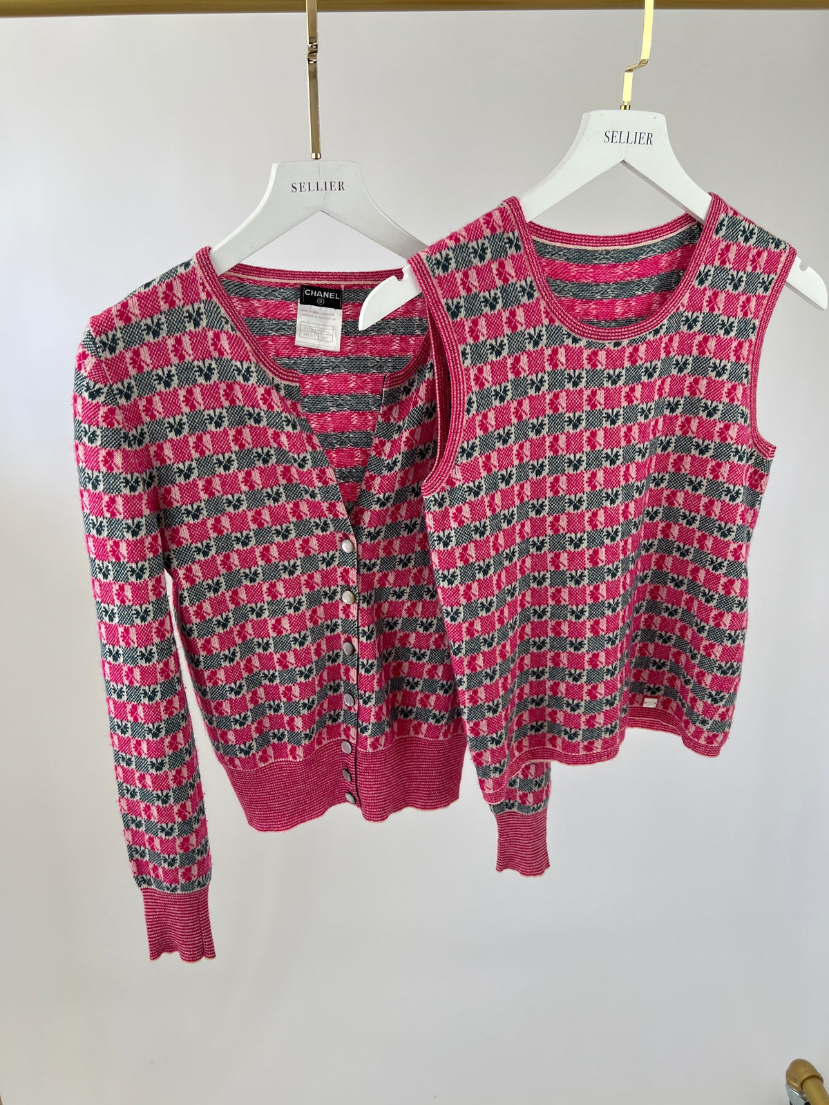 Chanel Pink Intarsia Knit Cashmere igan and Top Set Size FR 40 (UK 12)