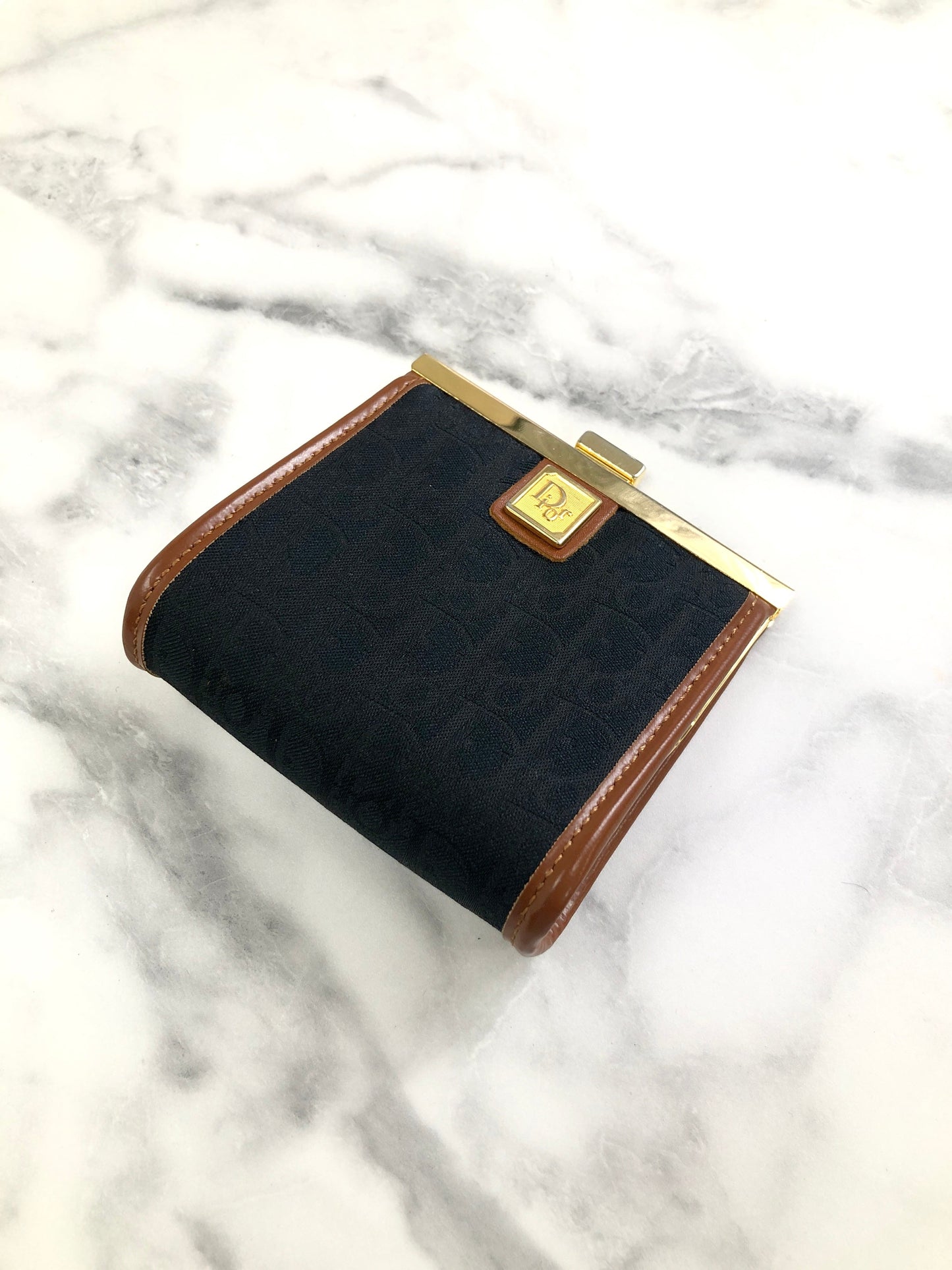 Christian Dior Trotter Logo Metal Clasp Jacquard Coin Purse Black Camel Vintage 5w6fms