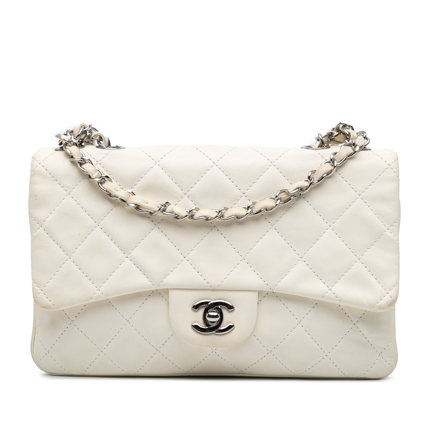 White Chanel Medium Quilted Lambskin 3 Accordion Flap Shoulder Bag