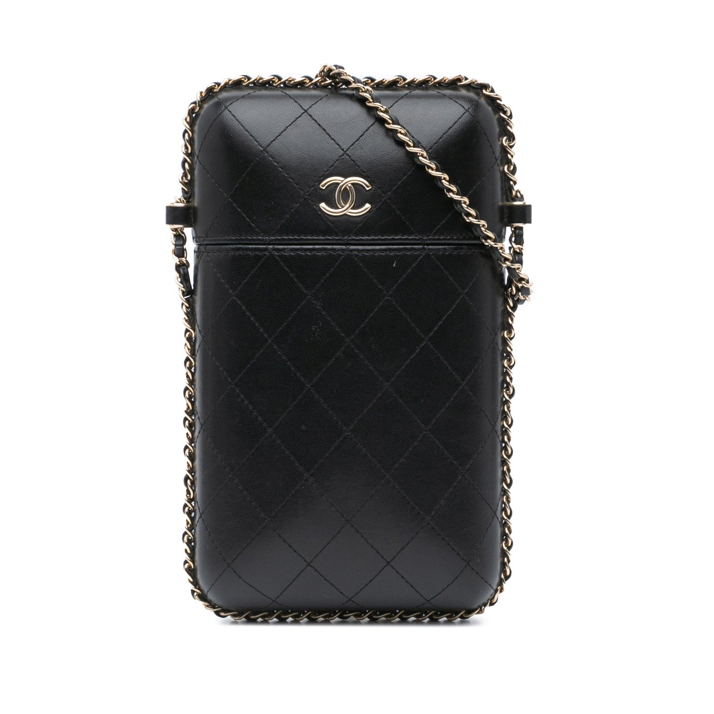 Black Chanel CC Quilted Lambskin Chain Around Phone Holder Crossbody Bag