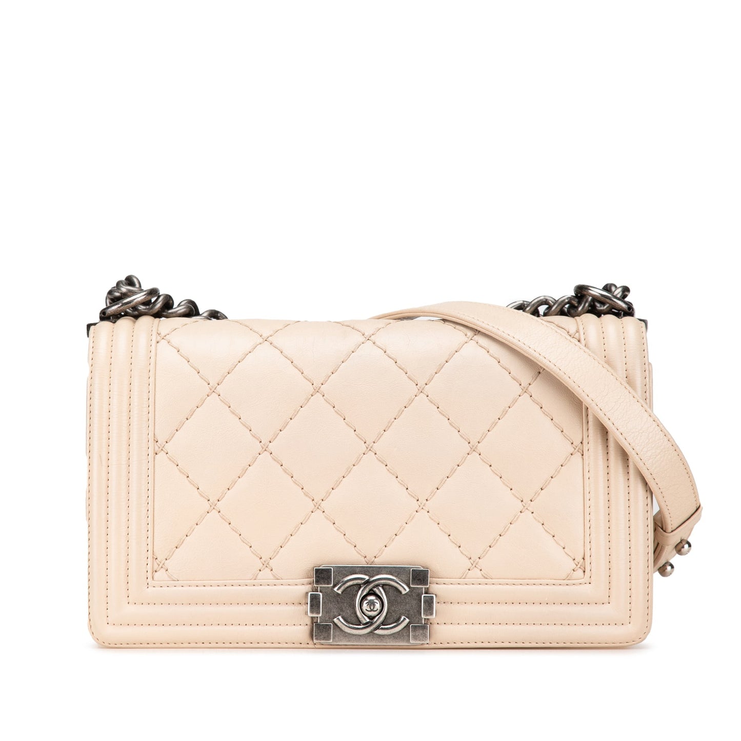 Beige Chanel Medium Quilted Lambskin Wild Stitch Boy Flap Shoulder Bag