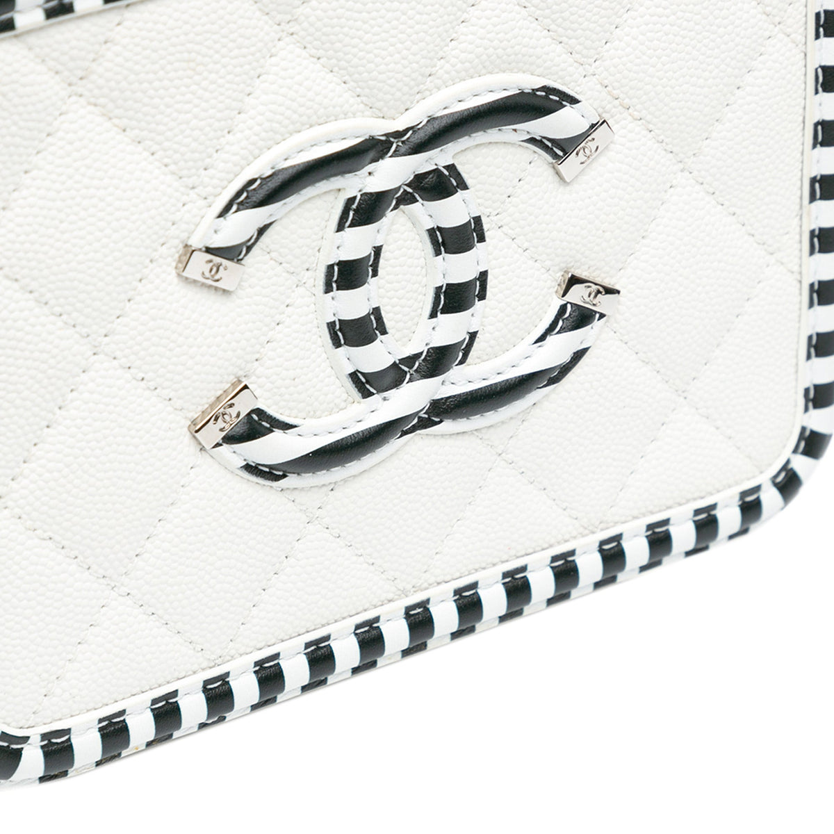 White Chanel Small Caviar CC Filigree Striped Vanity Case