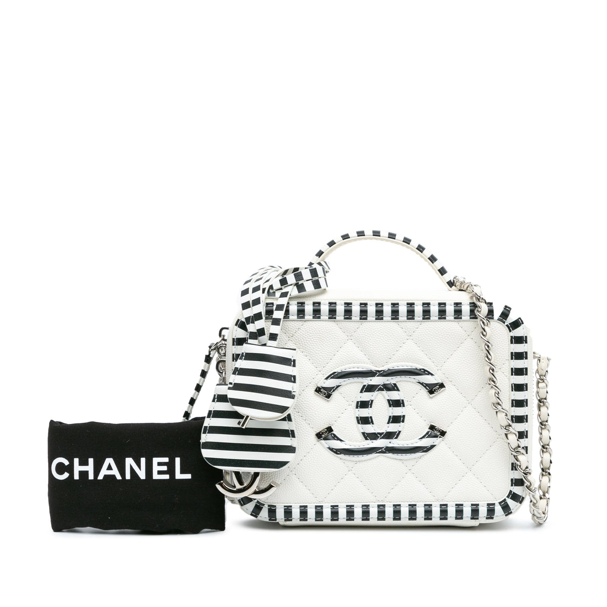 White Chanel Small Caviar CC Filigree Striped Vanity Case