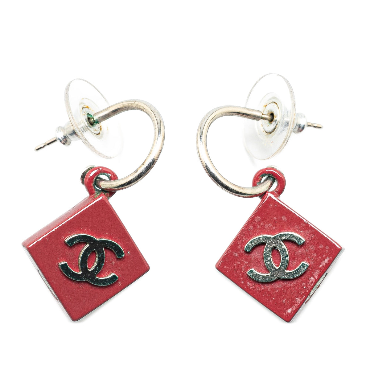 Red Chanel Resin CC Hoop Push Back Earrings