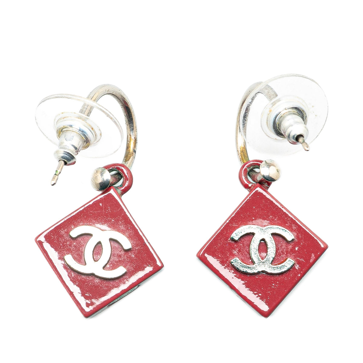 Red Chanel Resin CC Hoop Push Back Earrings