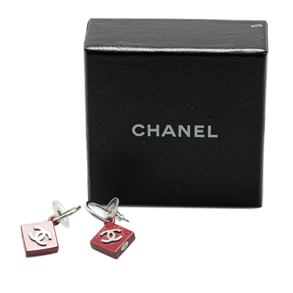Red Chanel Resin CC Hoop Push Back Earrings