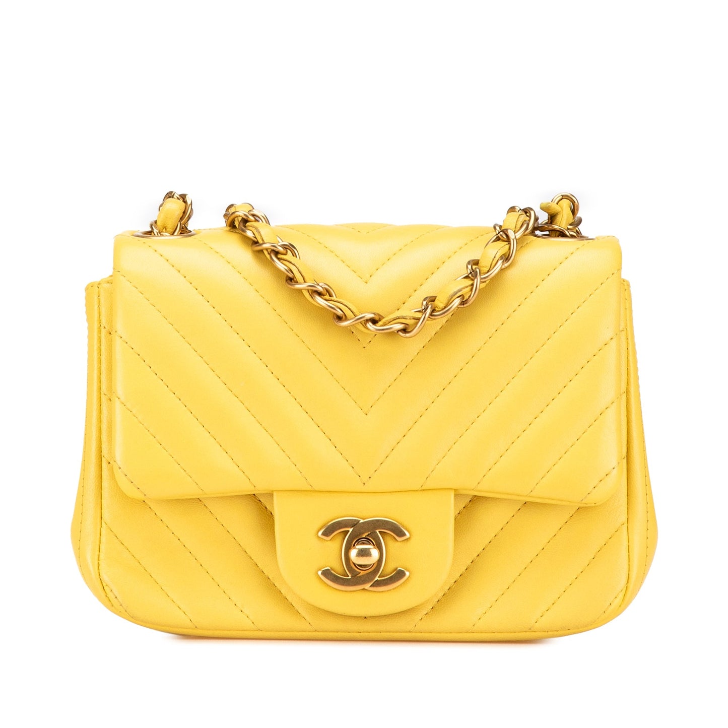 Yellow Chanel Mini Square Classic Chevron Lambskin Single Flap Crossbody Bag
