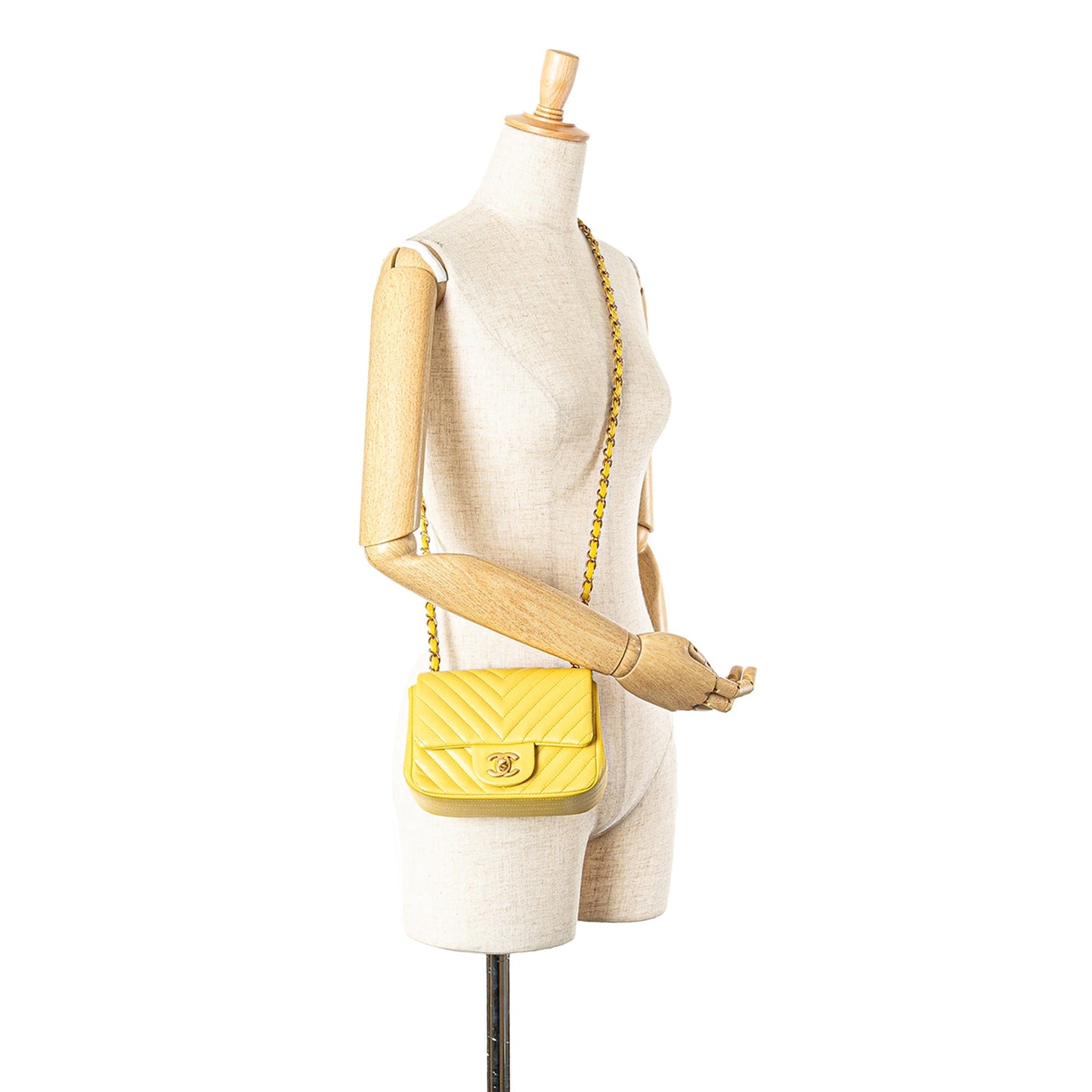 Yellow Chanel Mini Square Classic Chevron Lambskin Single Flap Crossbody Bag