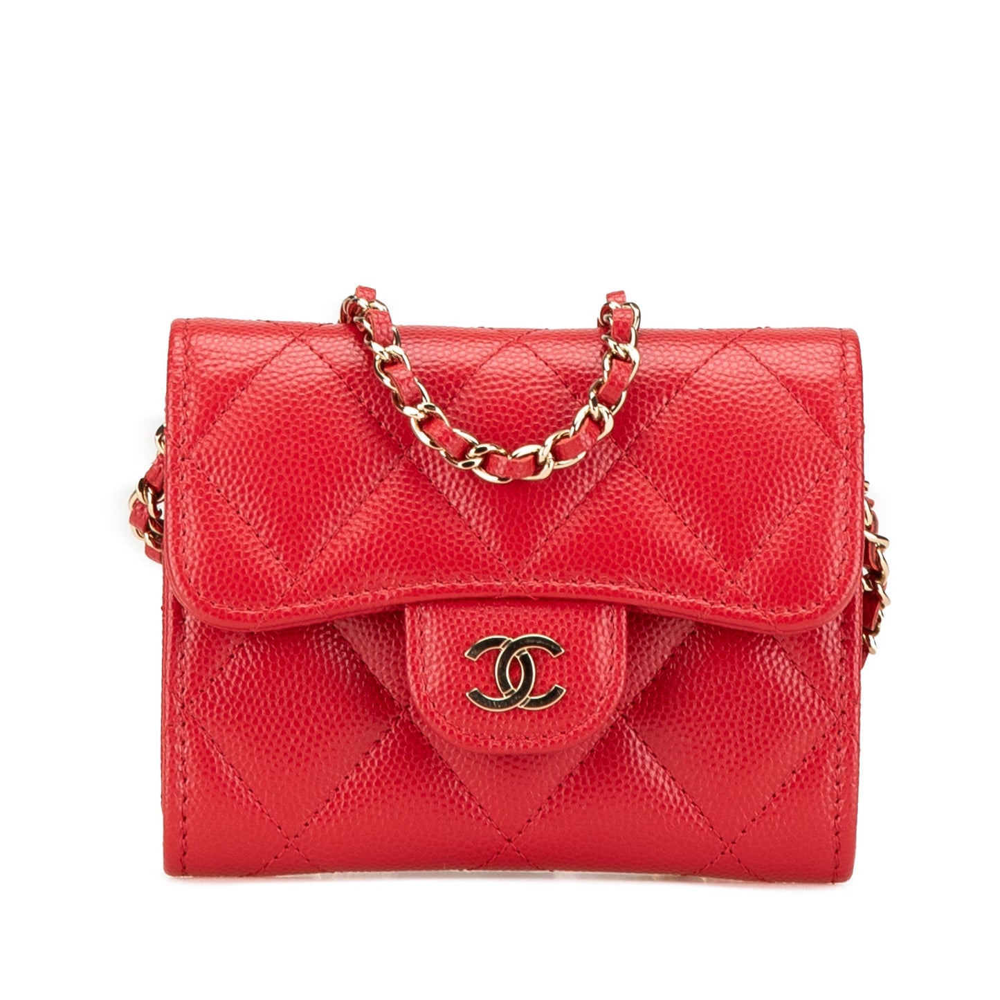 Red Chanel CC Quilted Caviar Flap Card Holder on Chain Crossbody Bag