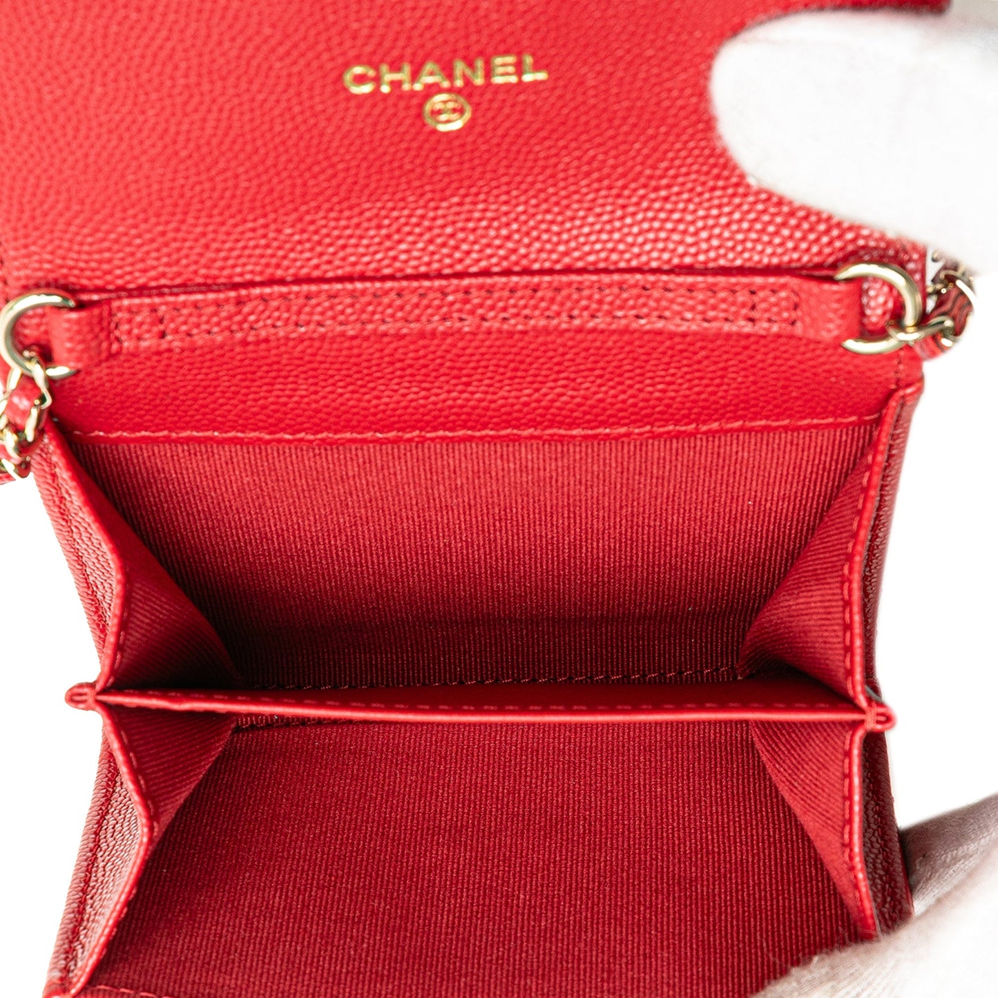 Red Chanel CC Quilted Caviar Flap Card Holder on Chain Crossbody Bag