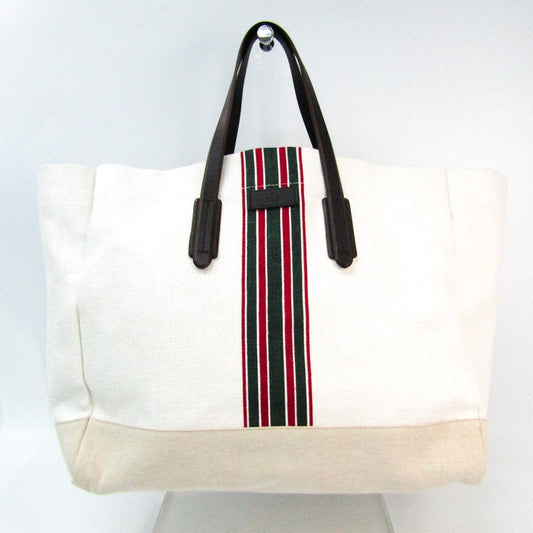 G*G White/Beige Canvas Large Web Tote (SHA-41208)