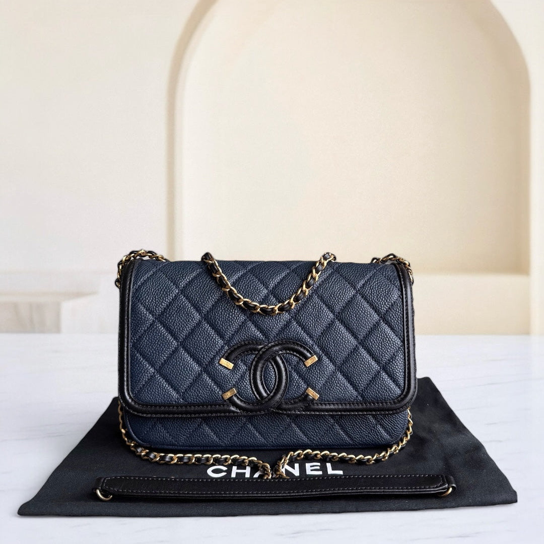 Chanel Filigree CC Small - Caviar Quilted Grained Calfskin Dark Navy Blue Black Gold Hardware Series 23