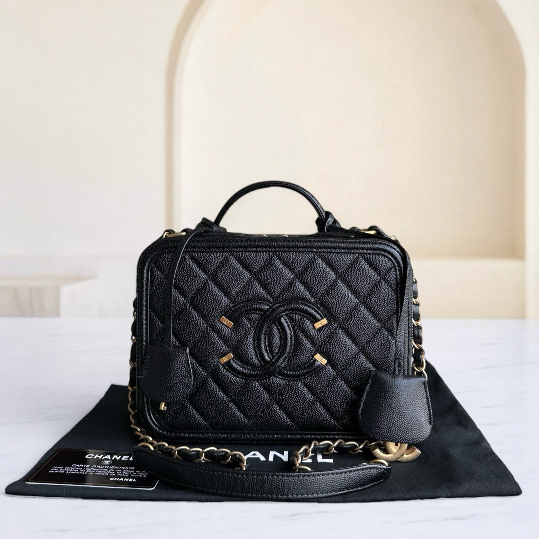 Chanel Filigree Vanity Case Medium - Caviar Quilted Grained Calfskin Black Gold Hardware Series 28