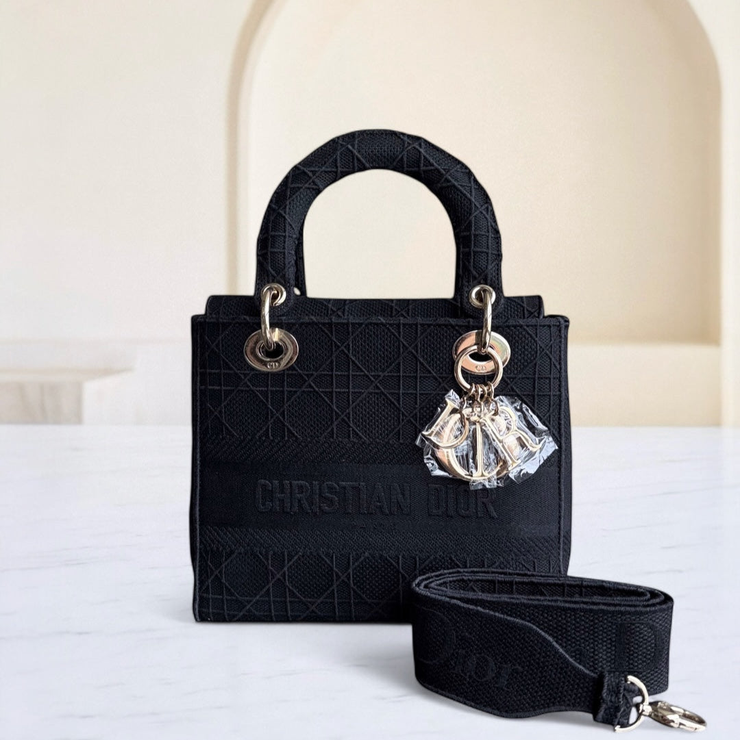 Dior Lady D-Lite Medium - Cannage Embroidered Canvas Black Gold Hardware