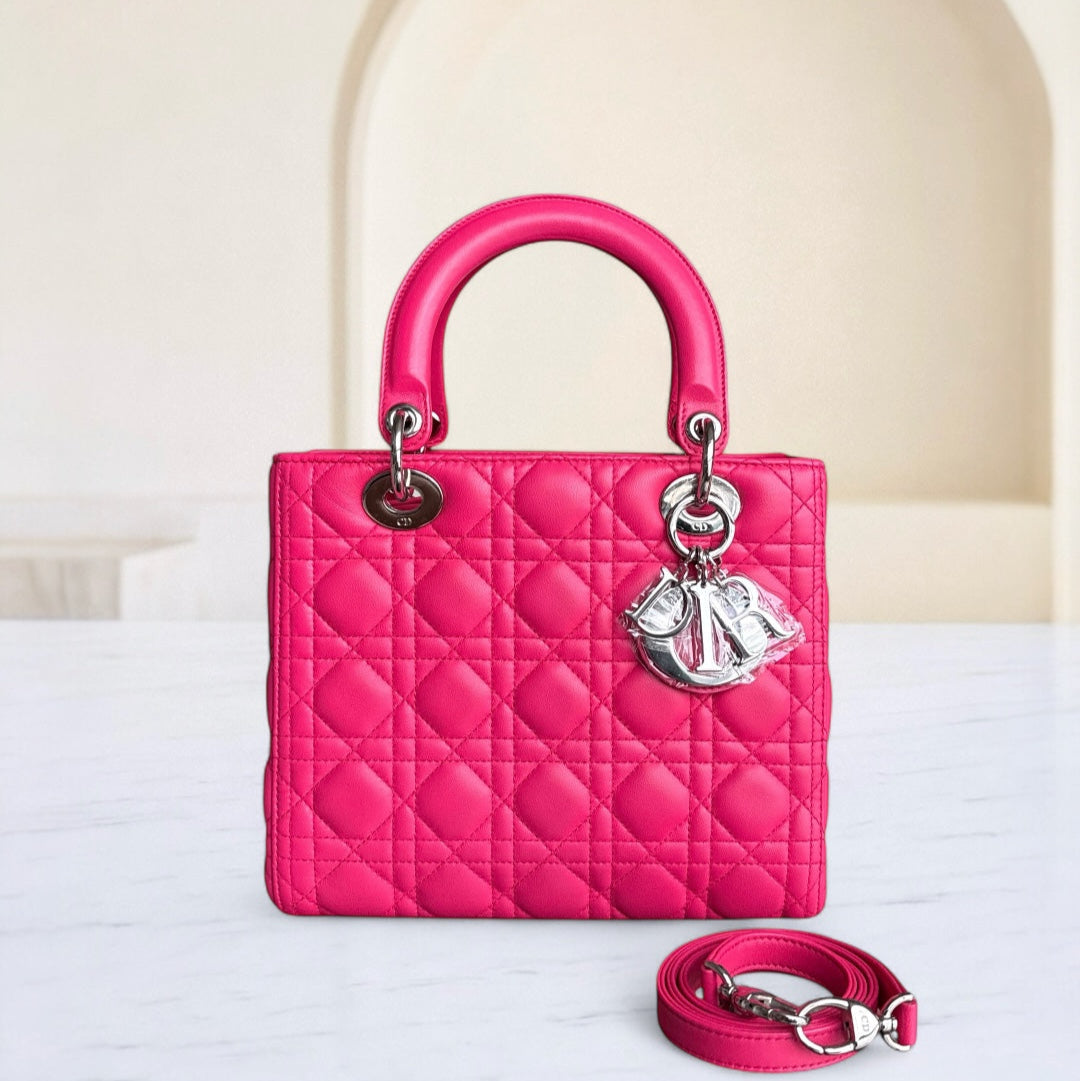 Dior Lady Medium - Cannage Lambskin Hot Pink Silver Hardware