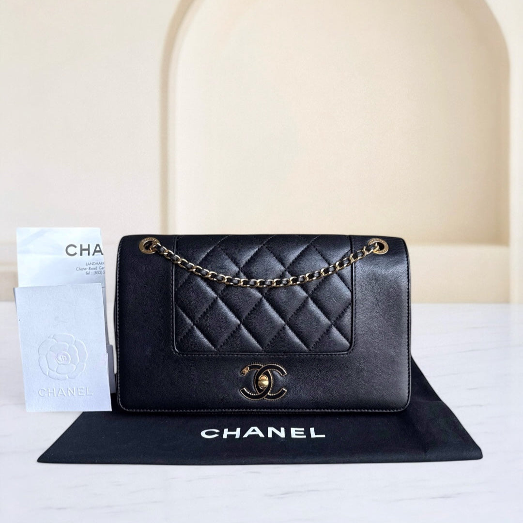Chanel Seasonal Flap Mademoiselle - 25CM Quilted Lambskin Black Gold Hardware Series 23