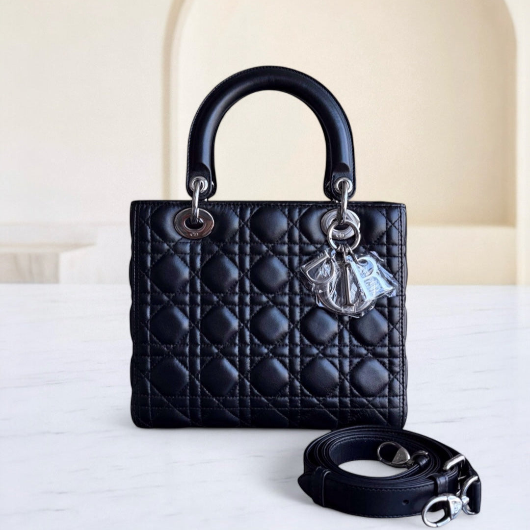 Dior Lady Medium - Cannage Lambskin Black Silver Hardware Adjustable Strap