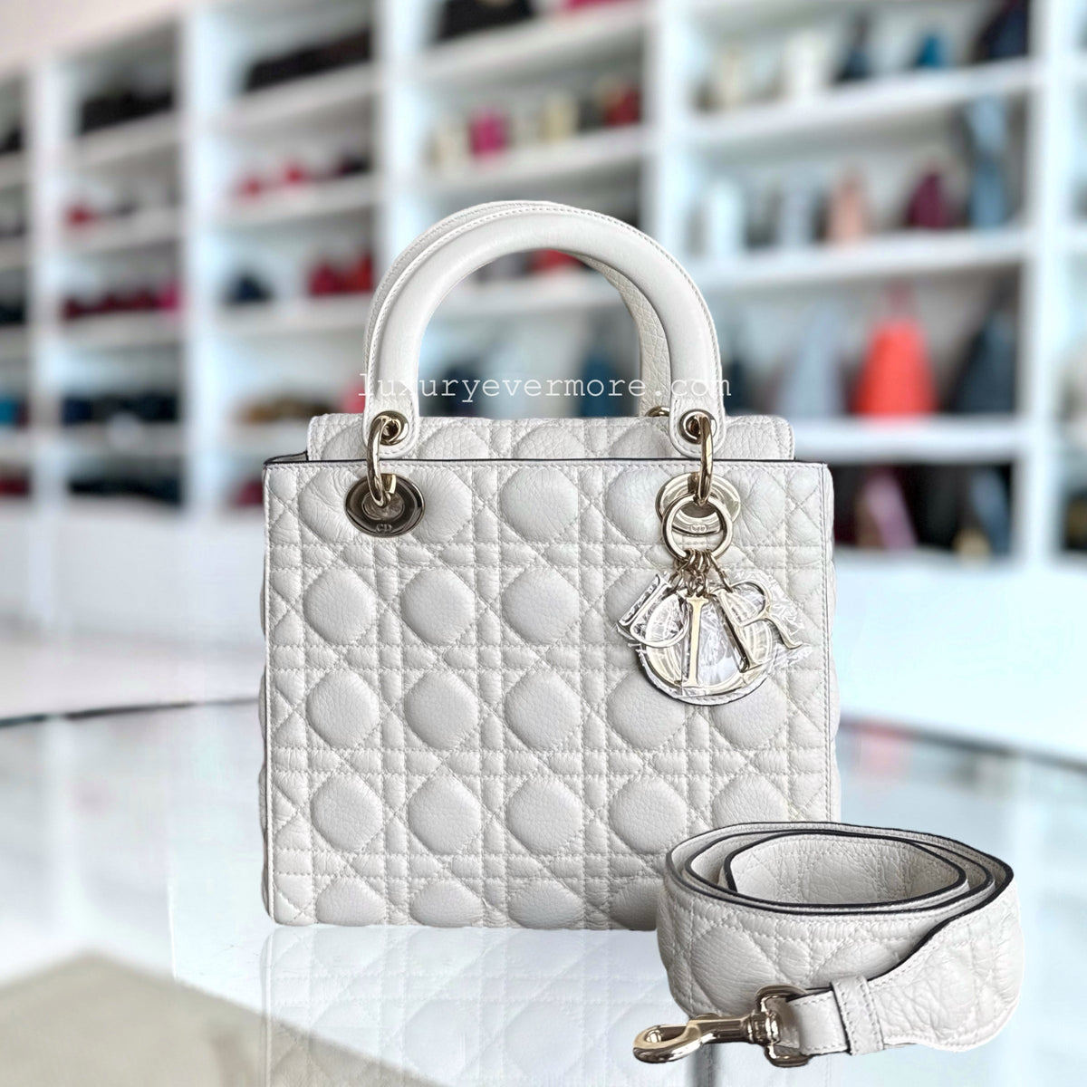 Dior Lady Medium Flap - Grained Calfskin Cannage Cream White Gold Hardware