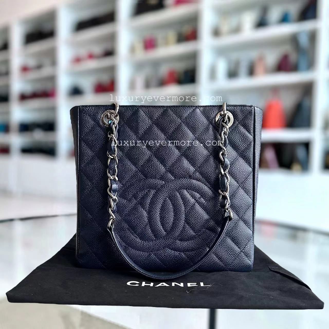PST Petite Shopping Tote Caviar Quilted Dark Blue Silver Hardware Series 18