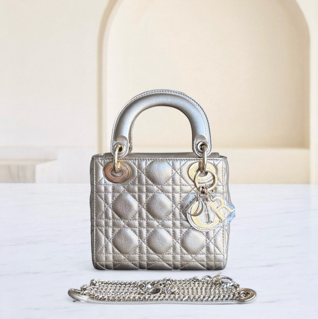 Dior Lady Mini - Cannage Calfskin Metallic Gold Gold Hardware Chain Strap