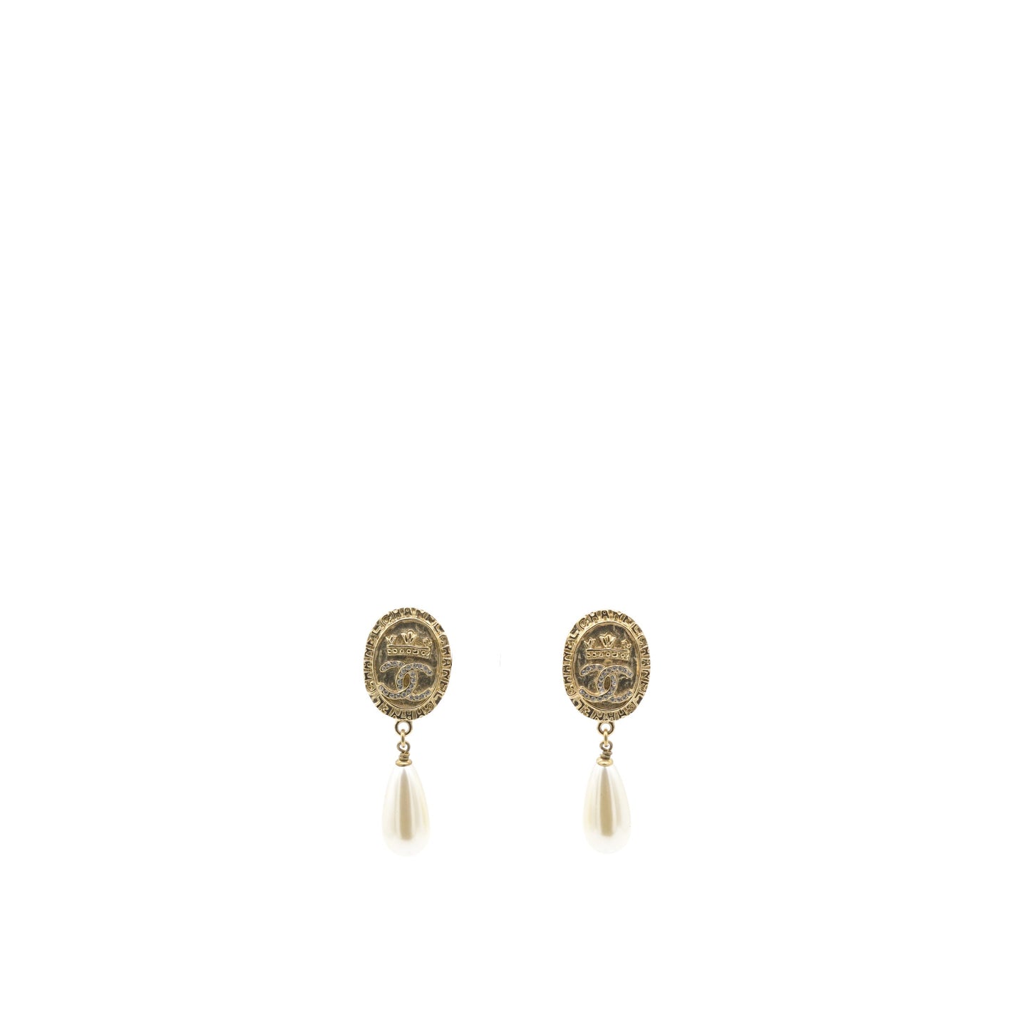 Chanel Crystal Pearl Crown CC Drop Earrings Gold