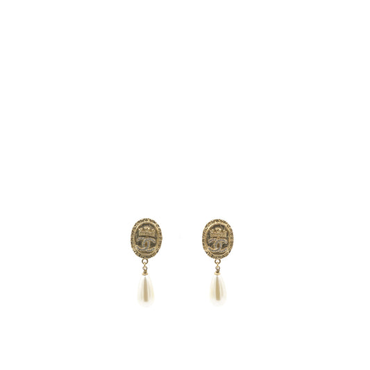 Chanel Crystal Pearl Crown CC Drop Earrings Gold