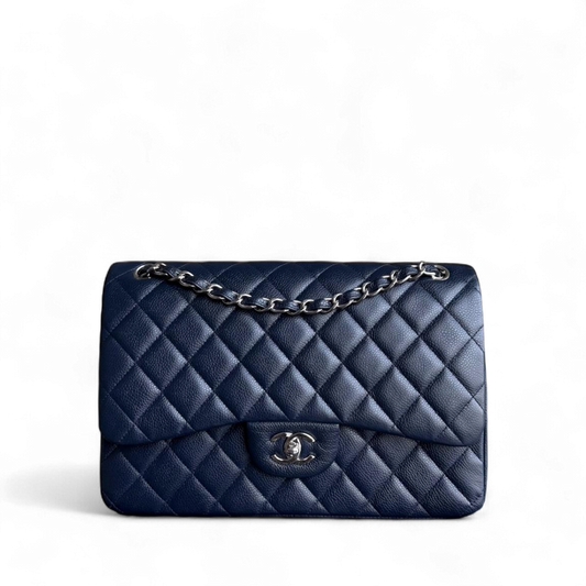 Chanel Classic Flap Jumbo - Caviar Double Flap 30CM Quilted Dark Navy Blue Silver Hardware Series 19