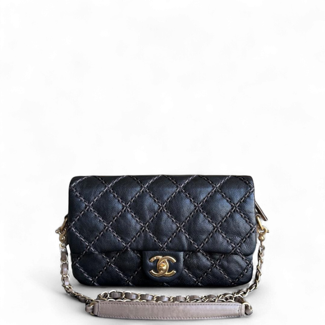 Chanel Seasonal Flap - Quilted Stitch Calfskin Zip Bag Black Gold Hardware Series 19