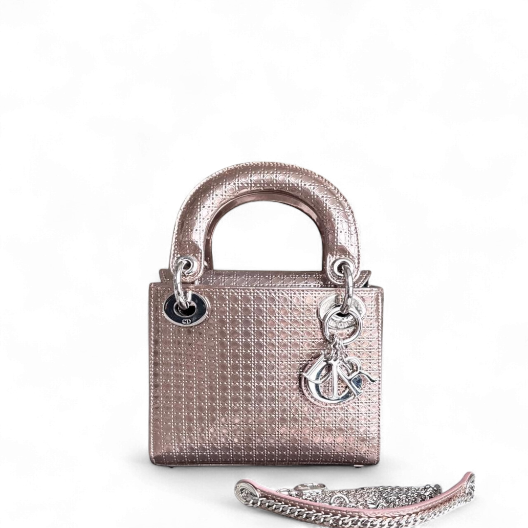 Dior Lady Mini - Calfskin Micro-Cannage Metallic Rose Gold Silver Hardware Chain Strap