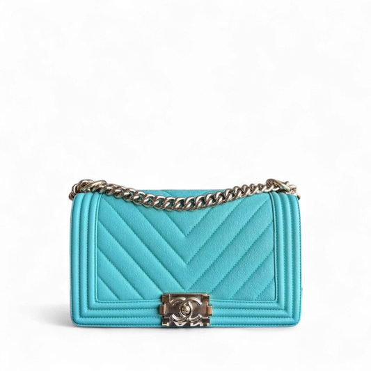 Chanel Boy Medium - 25CM Chevron Cyan Blue Gold Hardware Series 27