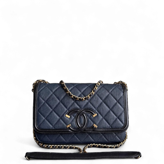 Chanel Filigree CC Small - Caviar Quilted Grained Calfskin Dark Navy Blue Black Gold Hardware Series 23