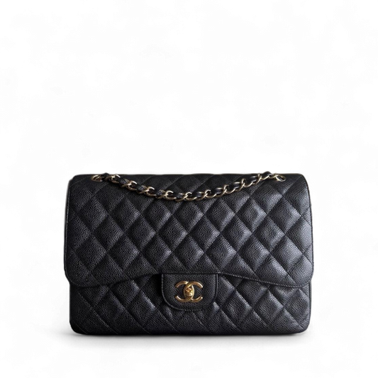 Chanel Classic Flap Jumbo - Caviar 30CM Double Flap Quilted Grained Calfskin Black Gold Hardware Series 15