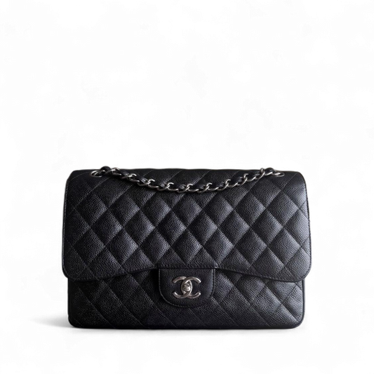 Chanel Classic Flap Jumbo - Caviar 30CM Double Flap Quilted Grained Calfskin Black Silver Hardware Series 19