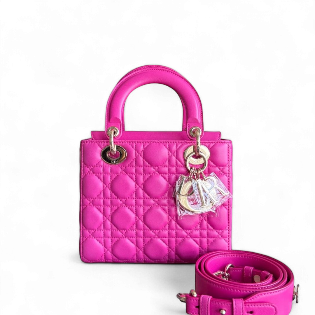 Dior Lady Small Flap - Cannage Lambskin Hot Pink Gold Hardware