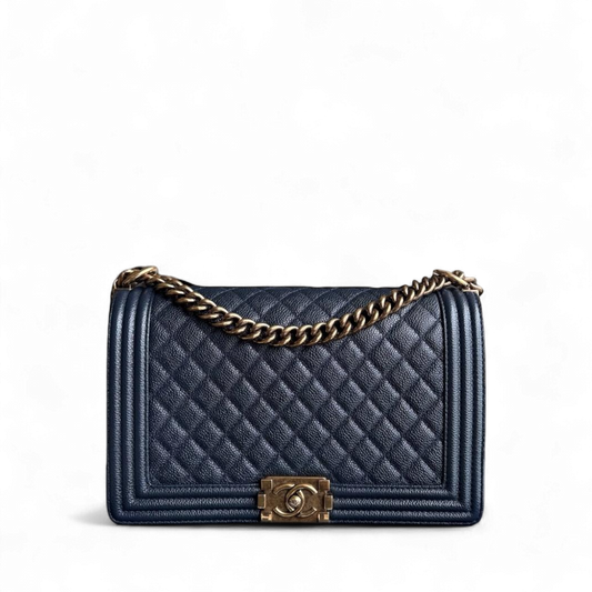 Chanel Boy New Medium - 28CM Caviar Quilted Grained Calfskin Dark Navy Blue Ruthenium Gold Hardware