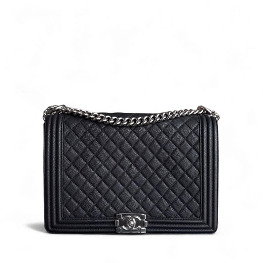 Chanel Boy Large - Caviar Quilted Grained Calfskin Black Silver Hardware Series 17