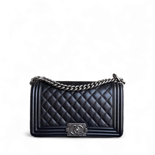 Chanel Boy Medium - Caviar 25CM Quilted Grained Calfskin Black Ruthenium Silver Hardware Series 20