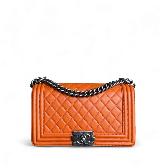 Chanel Boy Medium - 25CM Quilted Lambskin Orange Ruthenium Silver Hardware Series 20