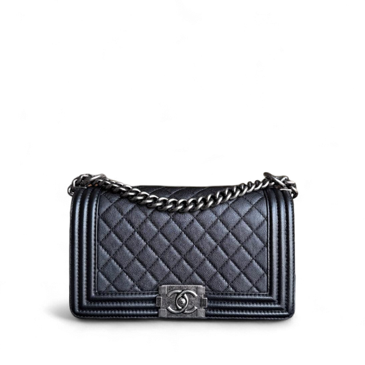Chanel Boy Medium - 25CM Quilted Grained Aged Calfskin Black Ruthenium Silver Hardware Series 18