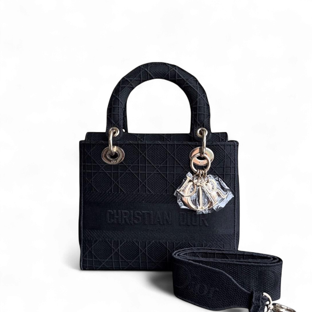Dior Lady D-Lite Medium - Cannage Embroidered Canvas Black Gold Hardware