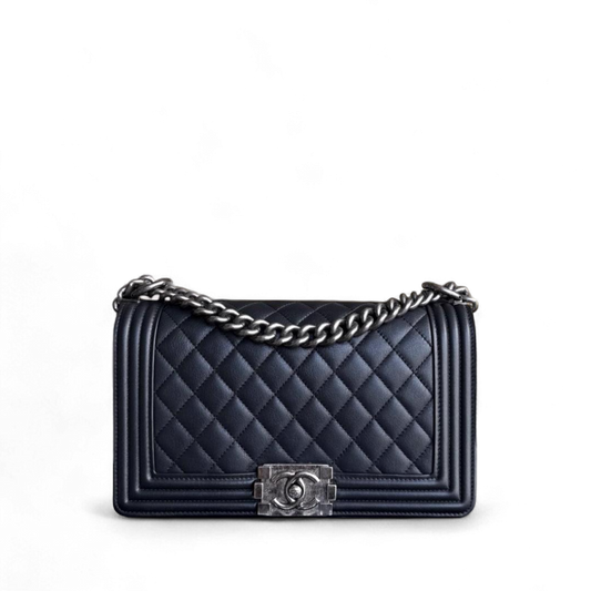 Chanel Boy Medium - 25CM Quilted Calfskin Black Ruthenium Silver Hardware Series 20