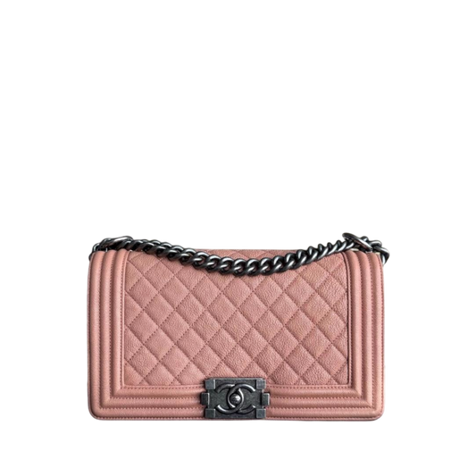 Chanel Boy Medium - Caviar 25CM Quilted Grained Calfskin Nude Blush Caramel Ruthenium Silver Hardware Series 26