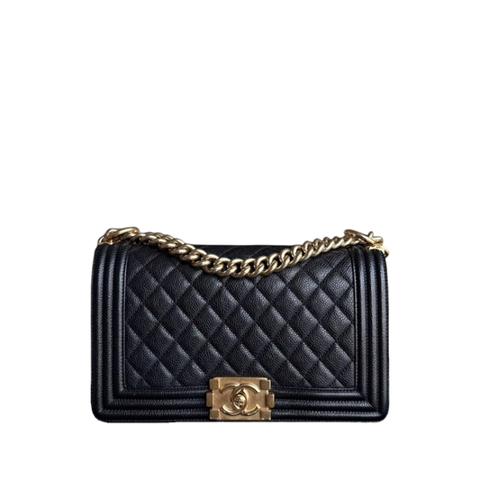 Chanel Boy Medium - Caviar 25CM Quilted Grained Calfskin Black Gold Hardware Series 23